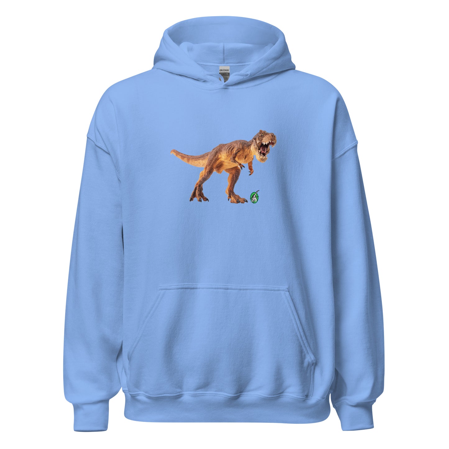 Women's blue hoodie with a printed graphic of a life like dinosaur. Designed by Wizard Prints.