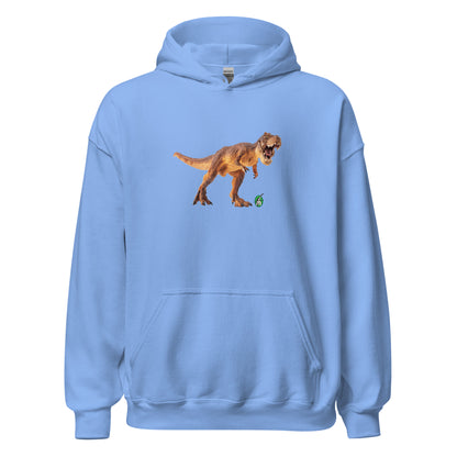 Women's blue hoodie with a printed graphic of a life like dinosaur. Designed by Wizard Prints.