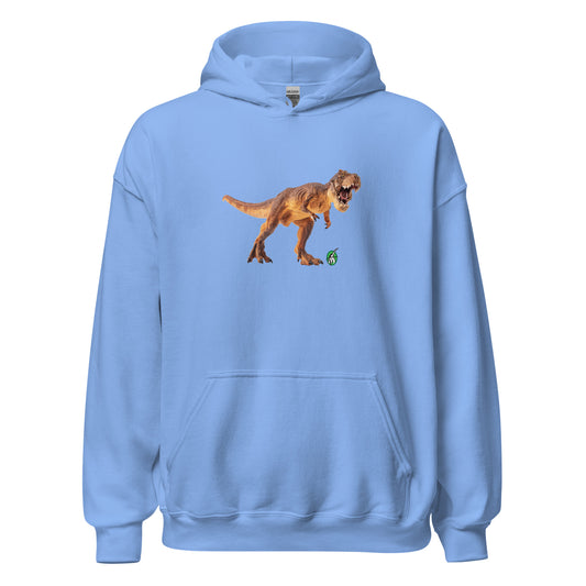 Women's blue hoodie with a printed graphic of a life like dinosaur. Designed by Wizard Prints.