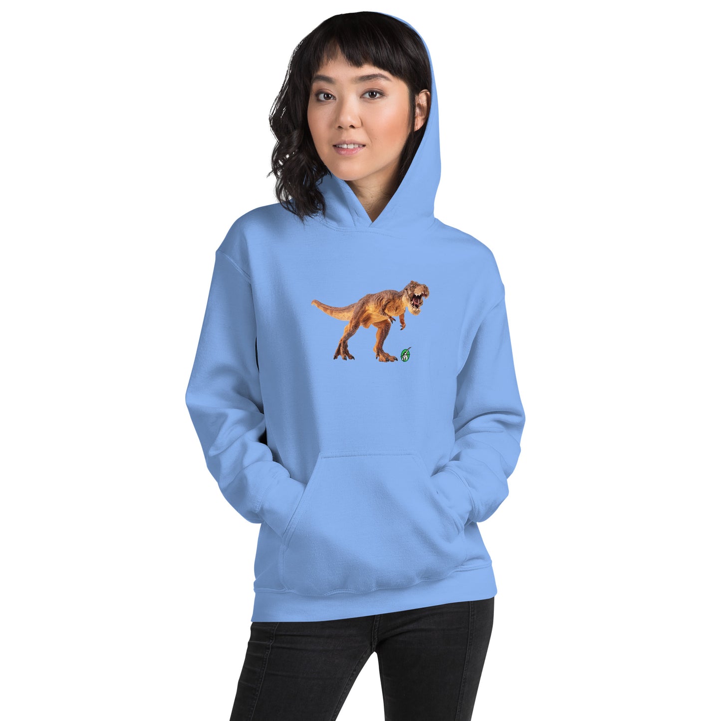 A woman standing wearing a blue hoodie with a printed graphic of a life like dinosaur. Designed by Wizard Prints.