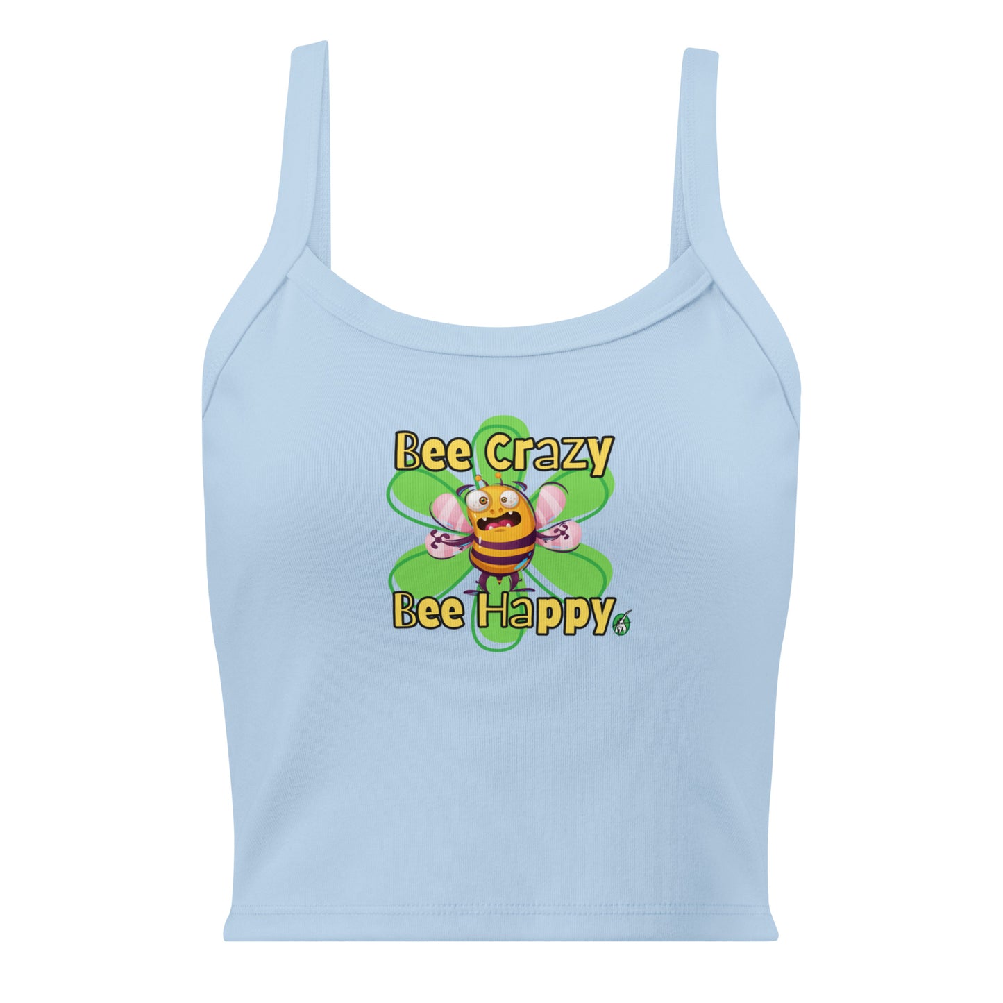 Women's blue tank top by Wizard Prints with a printed graphic of a screaming bee with the words, Bee Crazy Bee Happy.