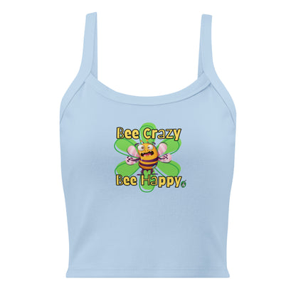 Women's blue tank top by Wizard Prints with a printed graphic of a screaming bee with the words, Bee Crazy Bee Happy.