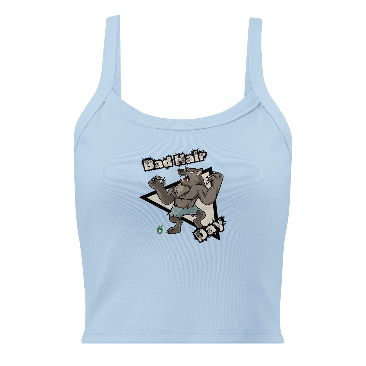 Women's blue tank top by Wizard Prints with a printed graphic of a werewolf with the words, Bad Hair Day.
