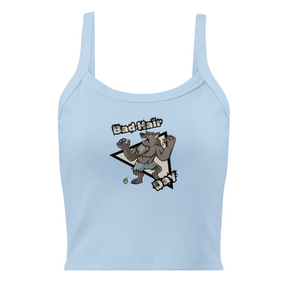 Women's blue tank top by Wizard Prints with a printed graphic of a werewolf with the words, Bad Hair Day.