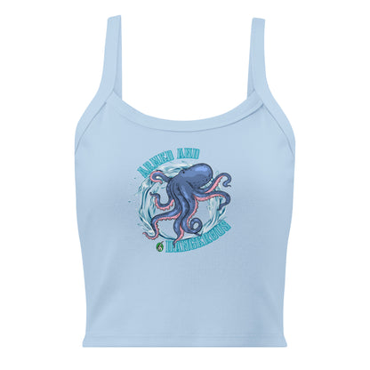 Women's blue tank top by Wizard Prints with a printed graphic of a blue octopus and the words, Armed and dangerous.