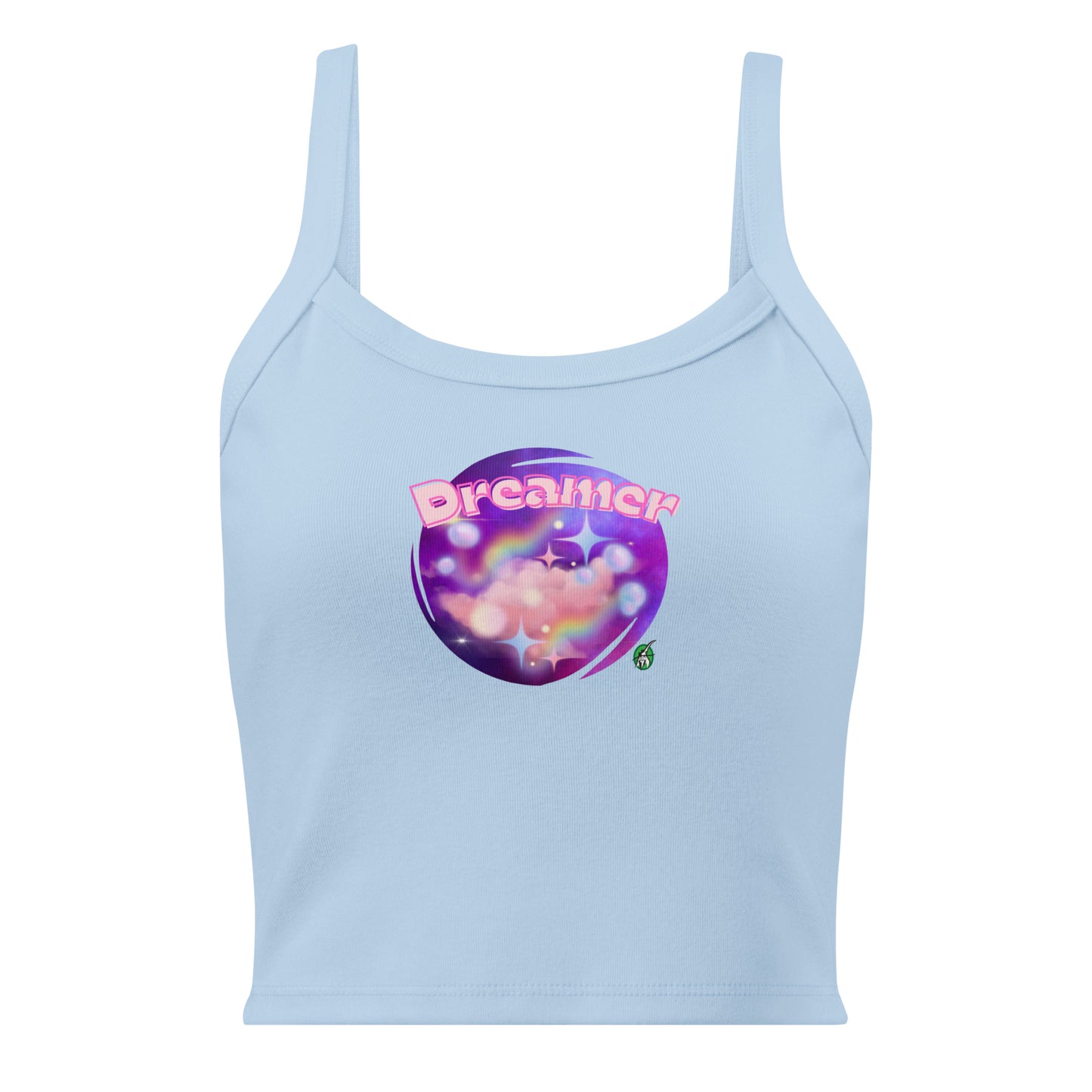 Women's blue tank top by Wizard Prints with a printed graphic of a galaxy background and the word Dreamer on top.