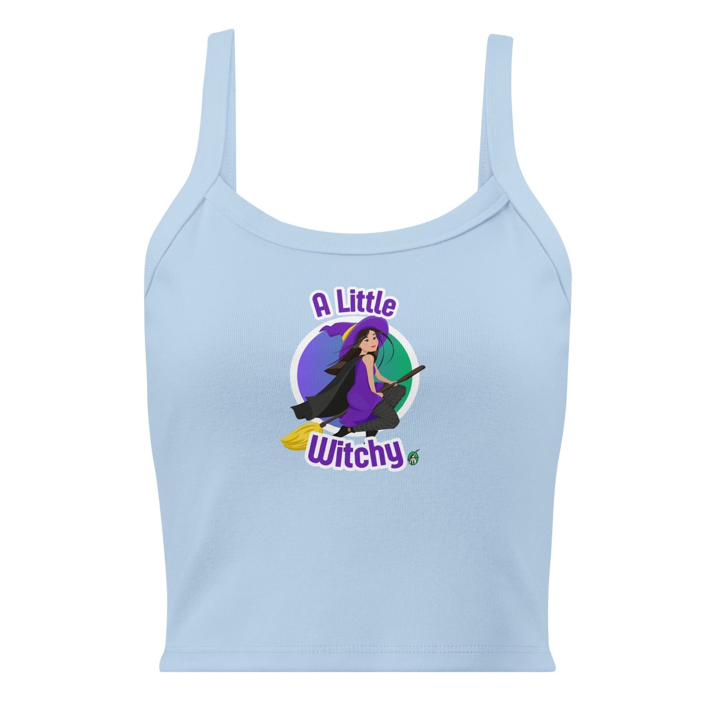 Women's blue tank top by Wizard Prints with a printed graphic of a witch riding a flying broom, with the text, A Little Witchy.