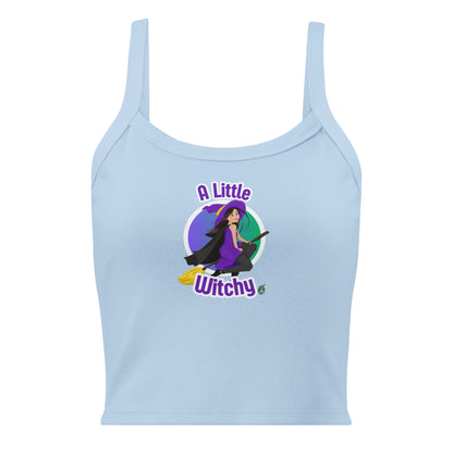 Women's blue tank top by Wizard Prints with a printed graphic of a witch riding a flying broom, with the text, A Little Witchy.