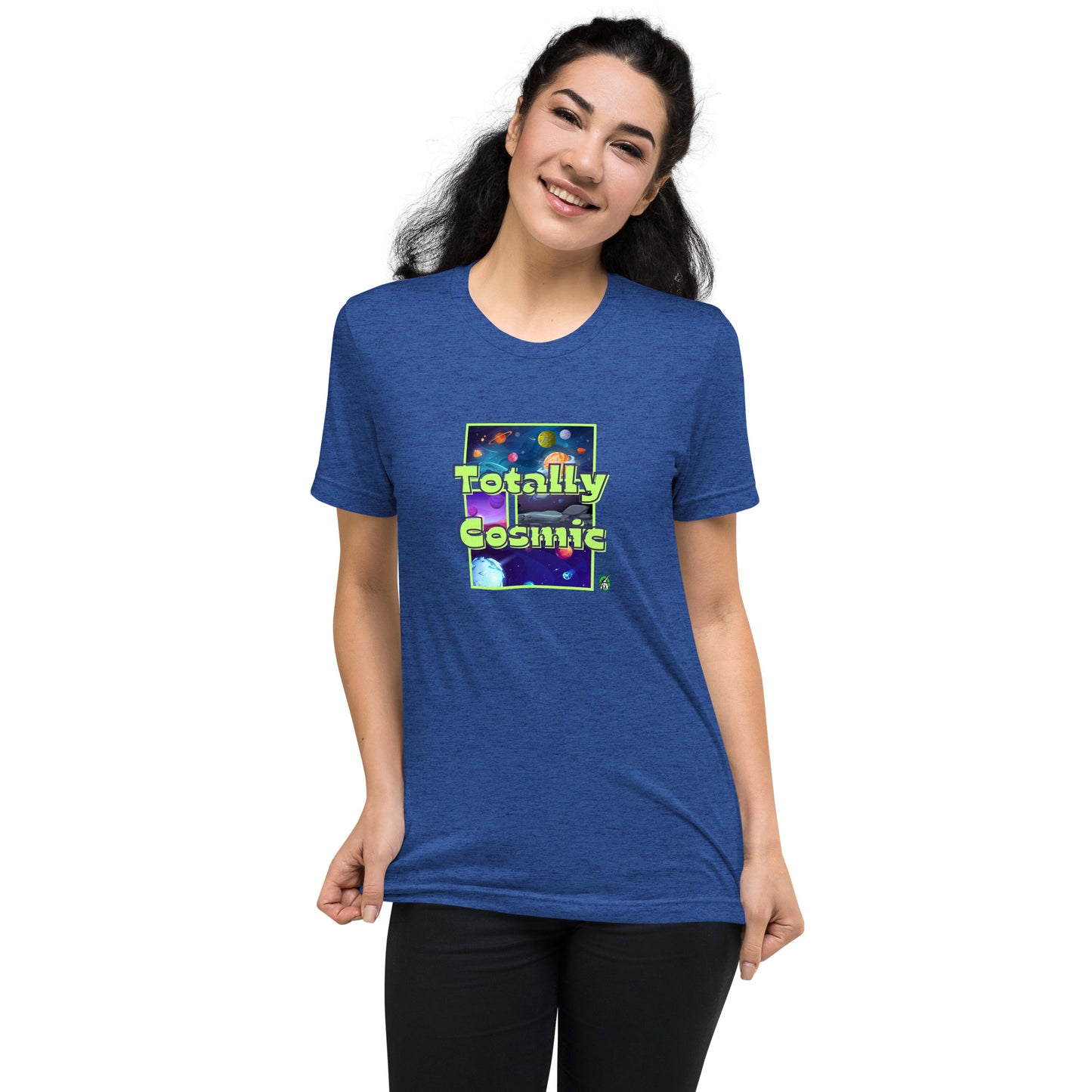 A woman standing wearing a blue t-shirt by Wizard Prints featuring a printed graphic of colorful planets in the background with the words “Totally Cosmic” on top.
