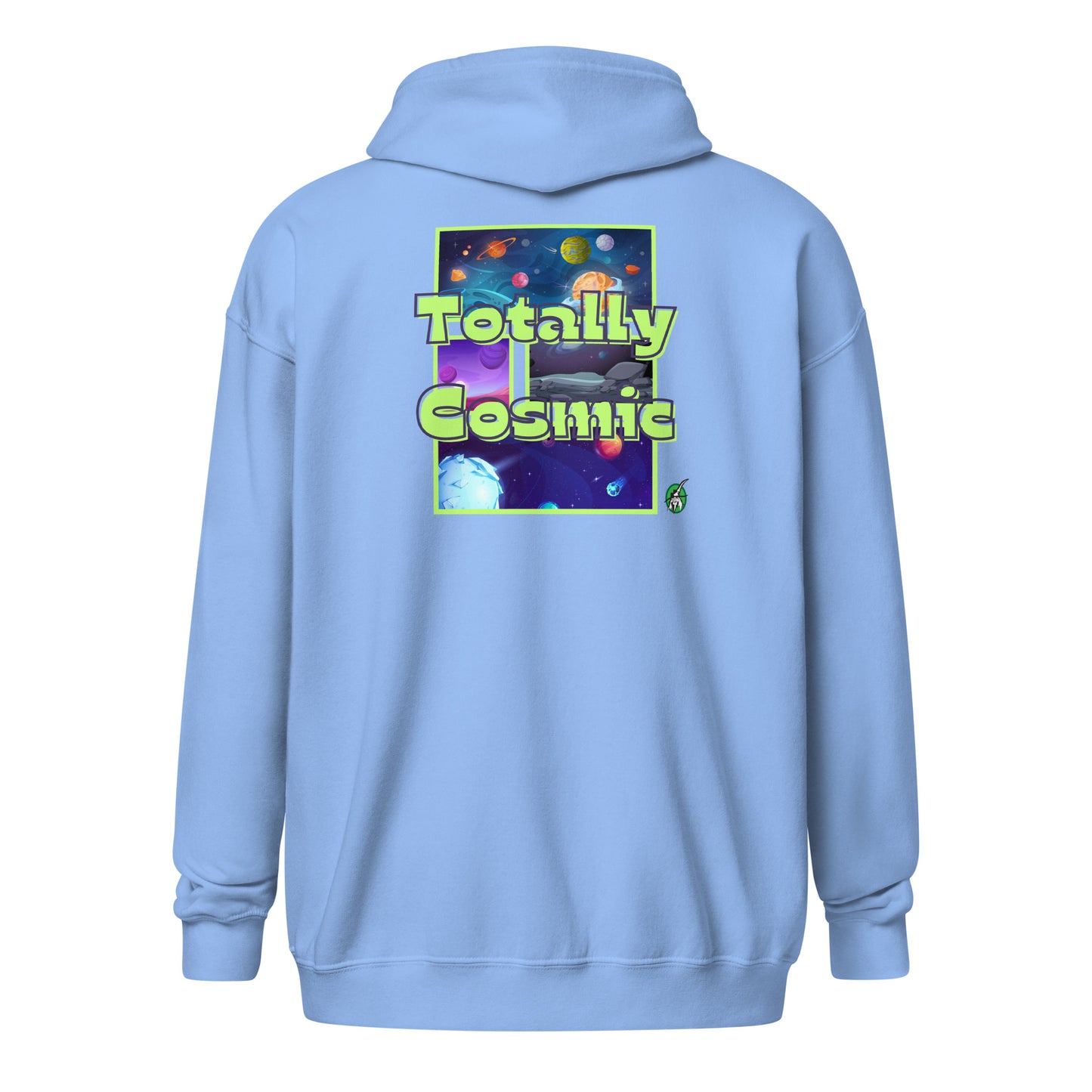Women's blue zip through hoodie with a graphic on the back of the cosmos and the words Totally Cosmic, by Wizard Prints