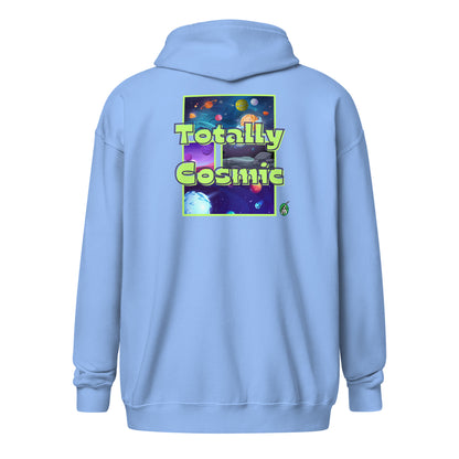 Women's blue zip through hoodie with a graphic on the back of the cosmos and the words Totally Cosmic, by Wizard Prints