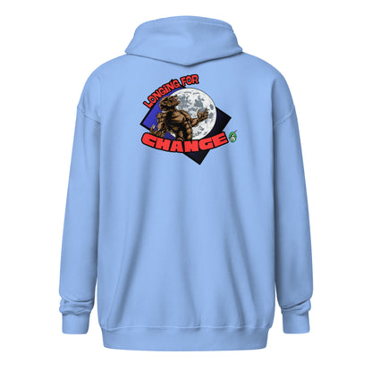 Women's blue zip through hoodie with a graphic on the back of a werewolf growling at the moon with the words, 'longing for change' by Wizard Prints