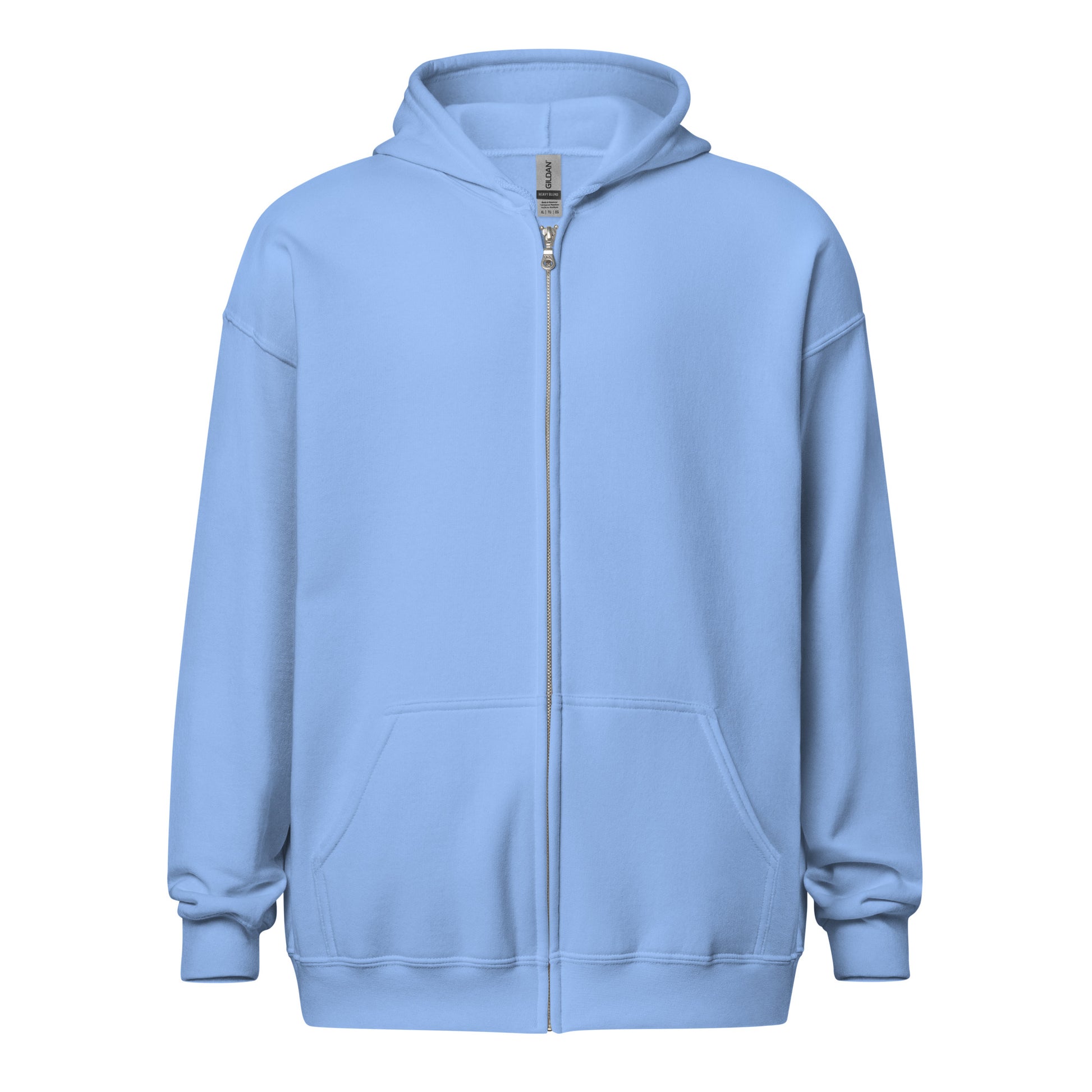 Front view of a women's blue zip through hoodie by Wizard Prints Shop