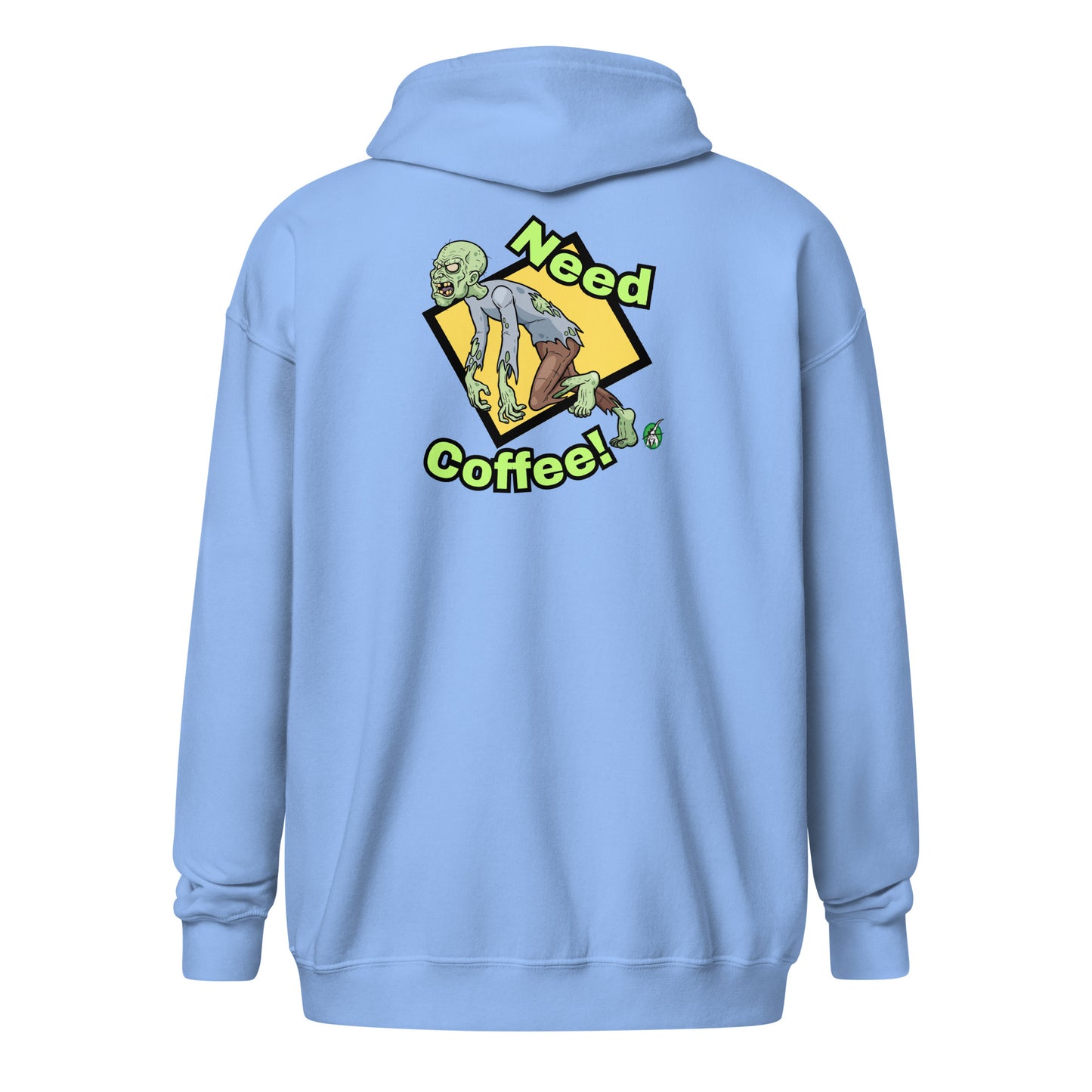 Women's blue zip-through hoodie with a funny graphic of a zombie saying, 'Need Coffee' by Wizard Prints