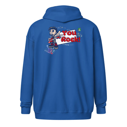 Women's bright blue zip through hoodie with a graphic on the back of the a dude playing guitar saying 'You Rock!' by Wizard Prints