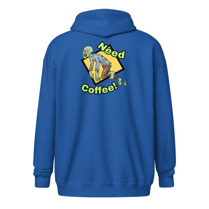 Women's blue zip-through hoodie with a funny graphic of a zombie saying, 'Need Coffee' by Wizard Prints
