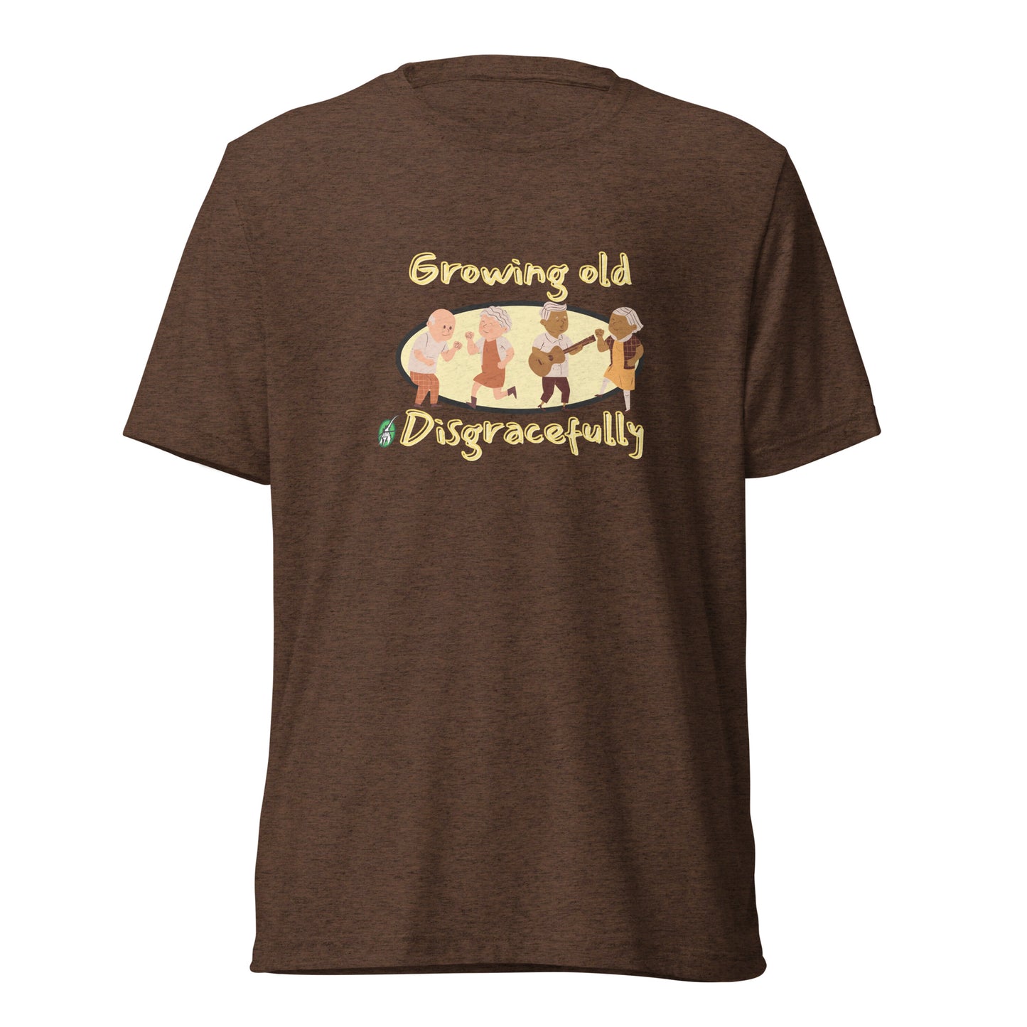Women's brown t-shirt by Wizard Prints featuring a printed graphic of a group of old people dancing and the words, Growing Old Disgracefully.