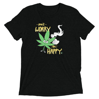 Women's festival graphic t-shirt in black from Wizard Prints Shop with the slogan, Don't Worry Be Happy and the image of a marijuana leaf with a smiley face