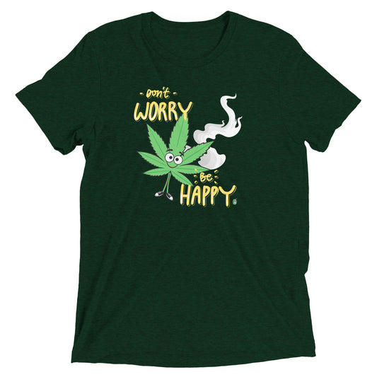 Women's festival graphic t-shirt in green from Wizard Prints Shop with the slogan, Don't Worry Be Happy and the image of a marijuana leaf with a smiley face