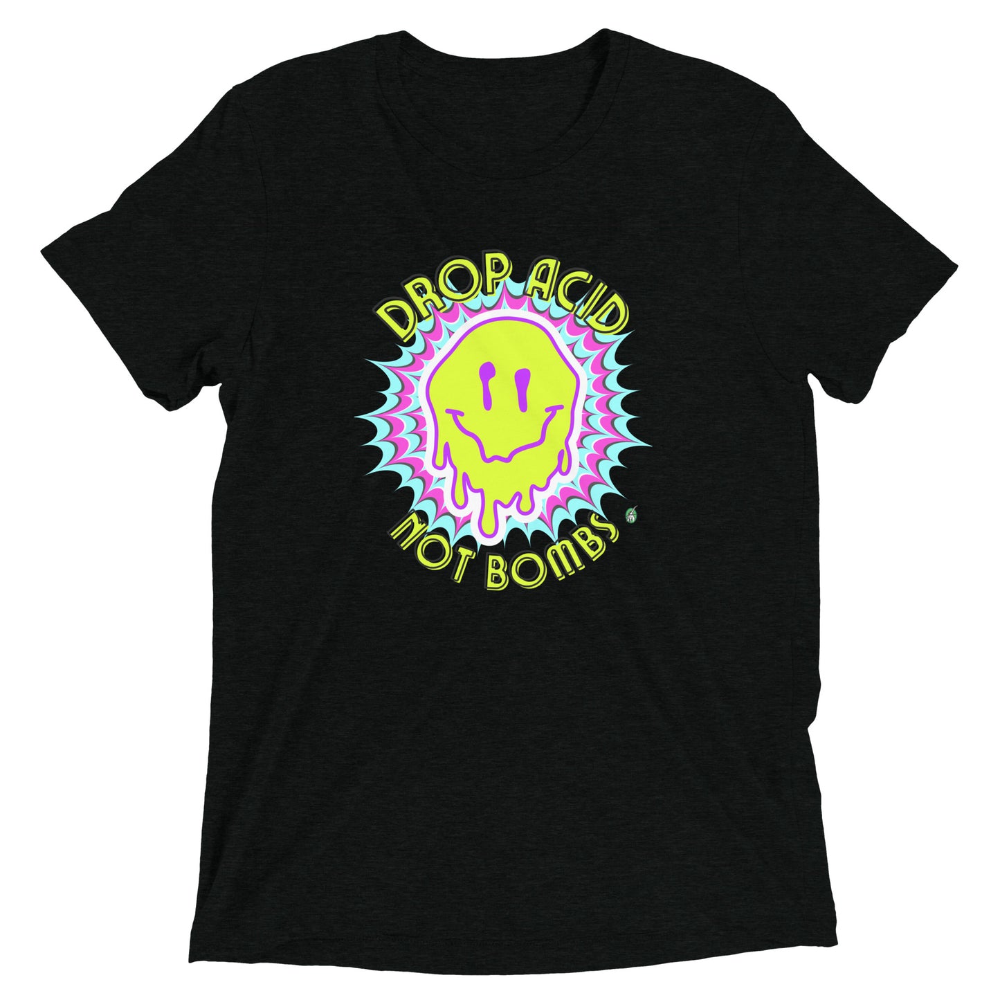 Women's festival graphic t-shirt in black from Wizard Prints Shop with the slogan, Drop Acid Not Bombs and the image of squiggly smiley face in bright colours