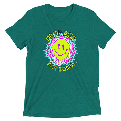 Women's festival graphic t-shirt in green from Wizard Prints Shop with the slogan, Drop Acid Not Bombs and the image of squiggly smiley face in bright colours