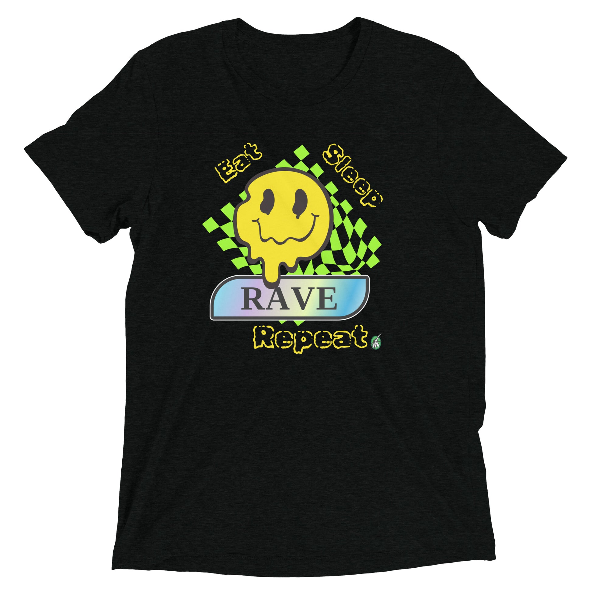 Women's festival graphic t-shirt in black from Wizard Prints Shop with the slogan, Eat Sleep Rave Repeat and the image of a squiggly smiley face