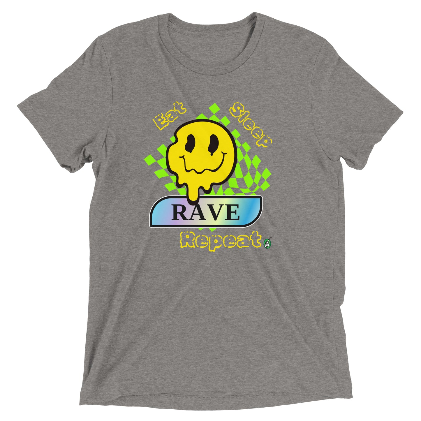 Women's festival graphic t-shirt in grey from Wizard Prints Shop with the slogan, Eat Sleep Rave Repeat and the image of a squiggly smiley face