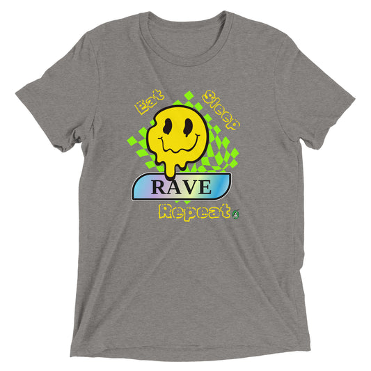 Women's festival graphic t-shirt in grey from Wizard Prints Shop with the slogan, Eat Sleep Rave Repeat and the image of a squiggly smiley face