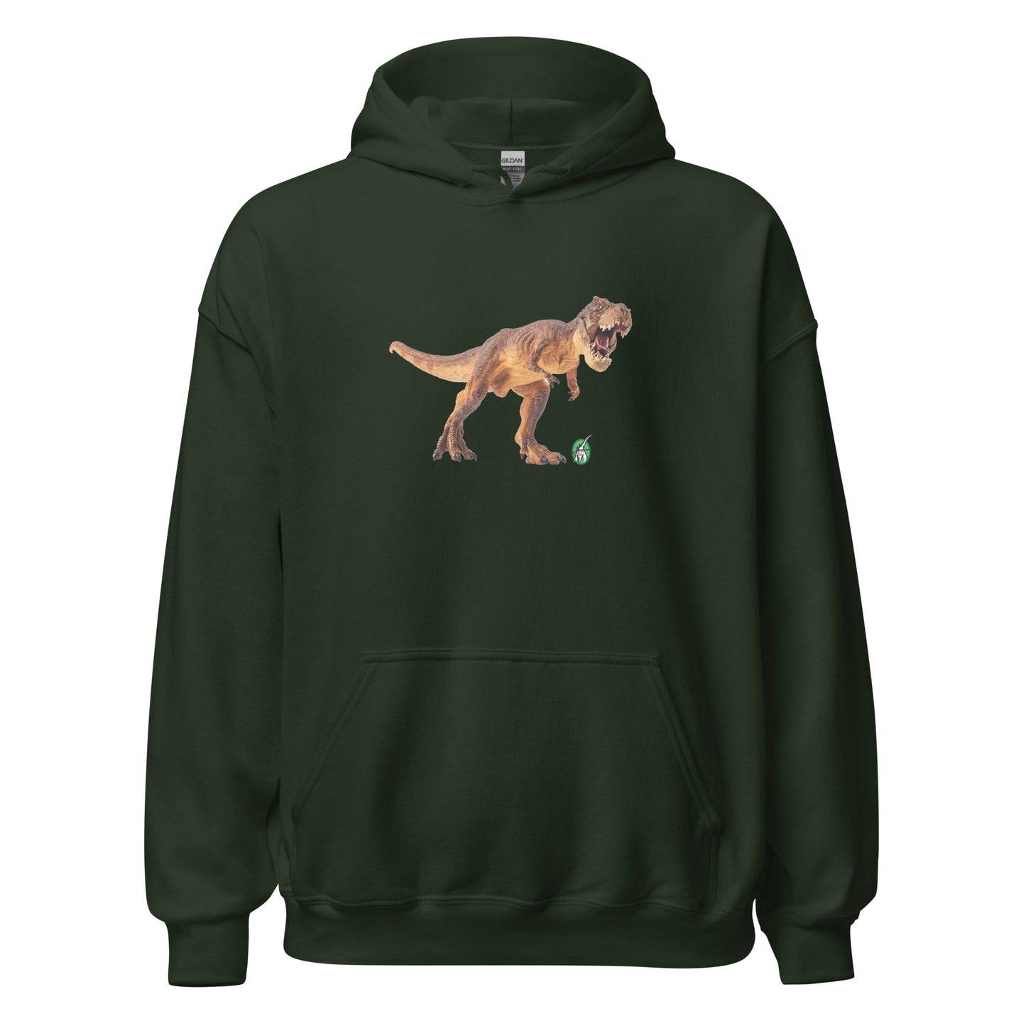 Women's forest green hoodie with a printed graphic of a life like dinosaur. Designed by Wizard Prints.