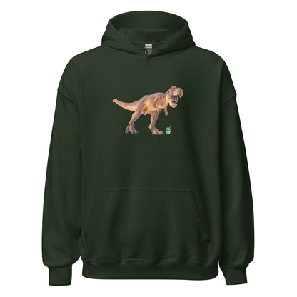 Women's forest green hoodie with a printed graphic of a life like dinosaur. Designed by Wizard Prints.