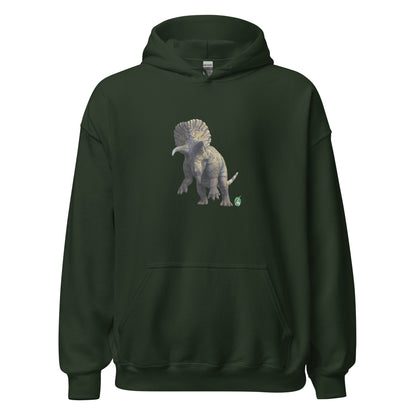 Women's forest green hoodie with a printed graphic of a life like dinosaur. Designed by Wizard Prints.
