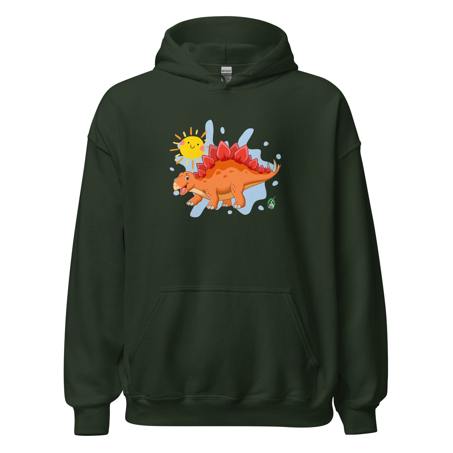 Women's forest green hoodie with the printed graphic of an orange cartoon dinosaur and the sun, by Wizard Prints.