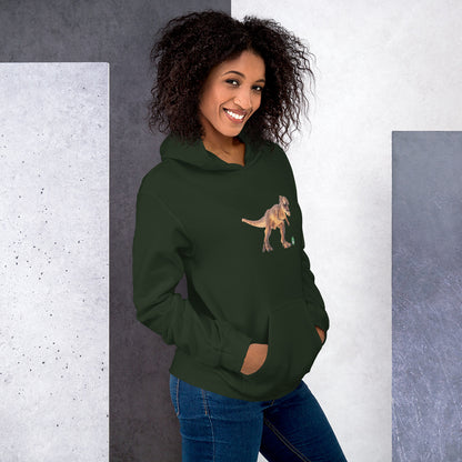 A woman standing wearing a forest green hoodie with a printed graphic of a life like dinosaur. Designed by Wizard Prints.