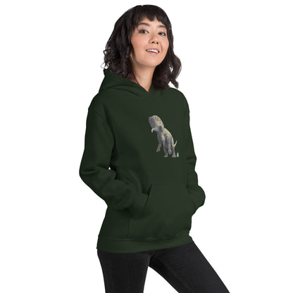 A woman standing wearing a forest green hoodie with a printed graphic of a life like dinosaur. Designed by Wizard Prints.