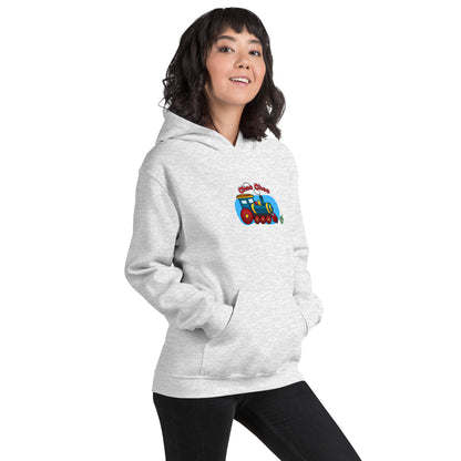 A woman standing wearing an ash hoodie with a printed graphic of a cartoon train and the words 'Choo Choo'. Designed by Wizard Prints