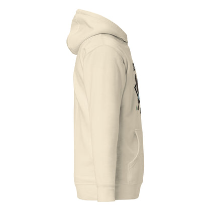 Side view of a women's beige hoodie by Wizard Prints Shop.