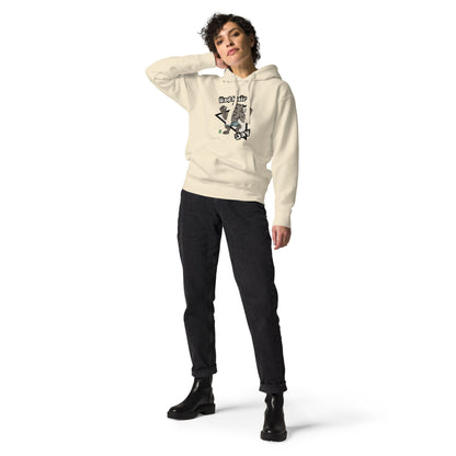 A woman standing wearing a beige hoodie with a printed graphic of a werewolf with the words, Bad Hair Day. Designed by Wizard Prints