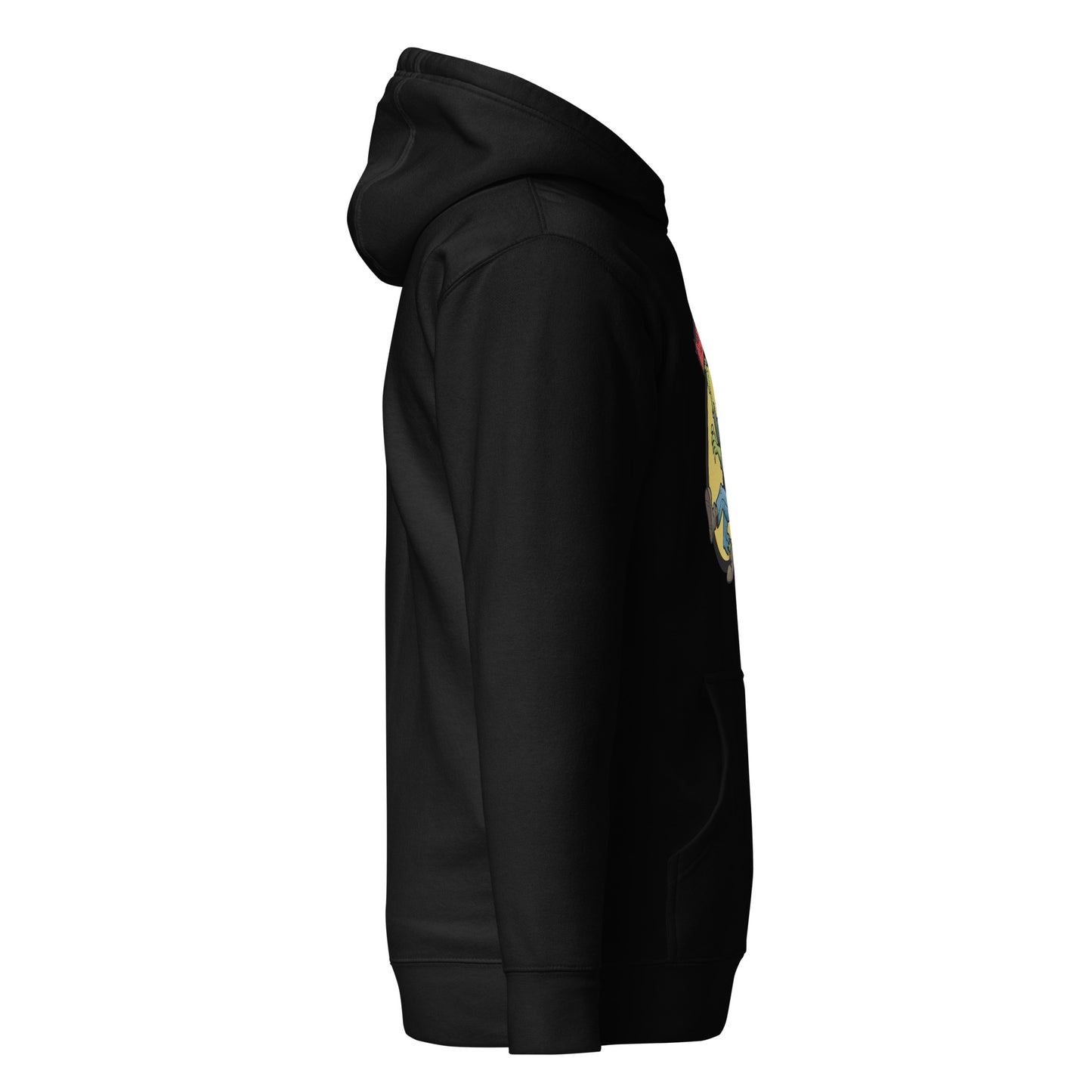 Side view of a women's black hoodie by Wizard Prints Shop.