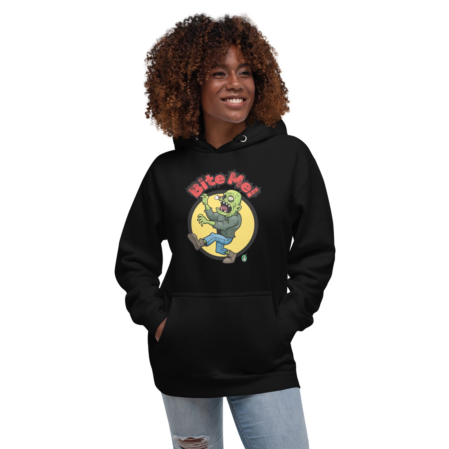 A woman standing wearing a black hoodie with the printed graphic of a zombie with the words, Bite Me'. Designed by Wizard Prints.