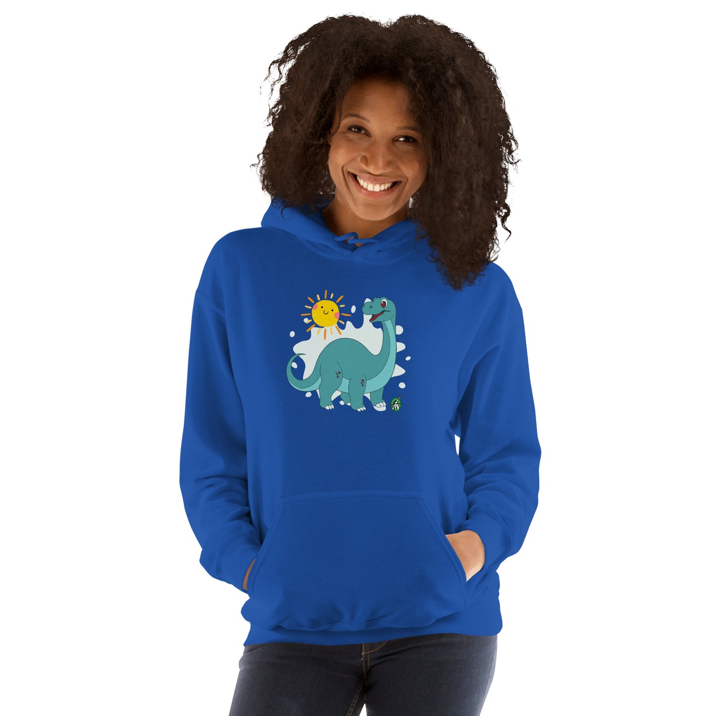 A woman standing wearing a blue hoodie with a printed graphic of a smiling cartoon dinosaur and the sun. Designed by Wizard Prints.