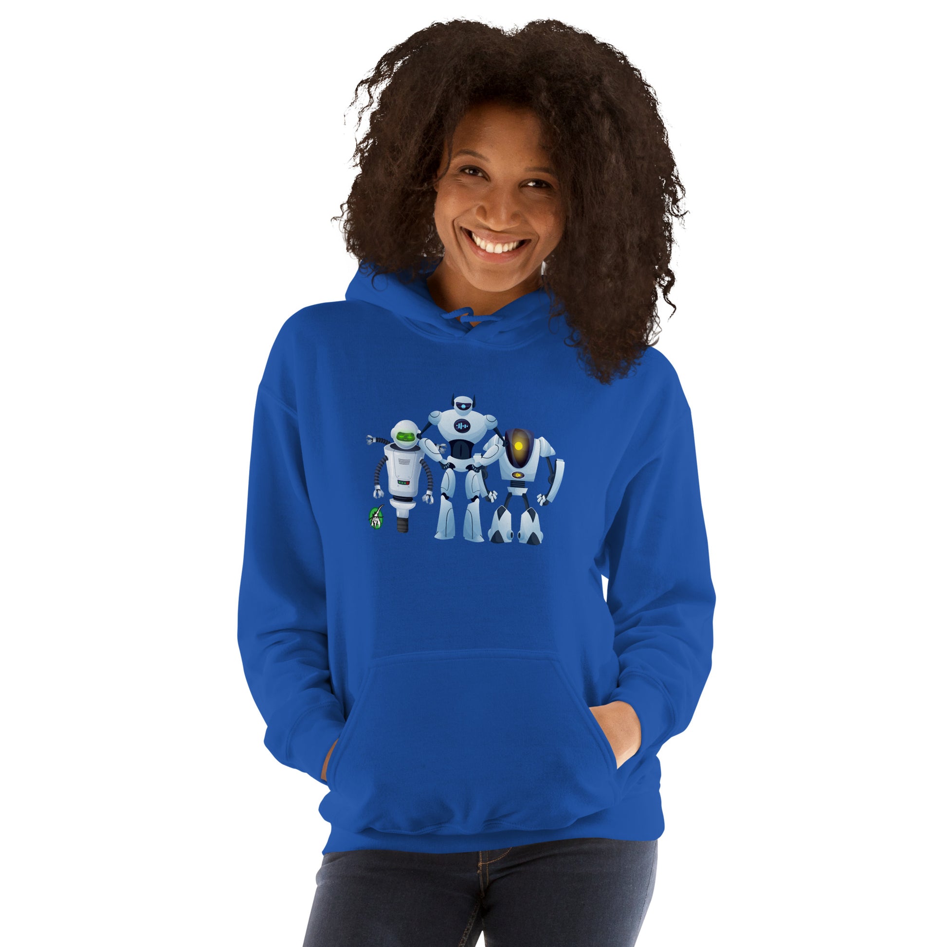 A woman standing wearing a blue hoodie with a printed graphic of three cartoon robots, designed by Wizard Prints