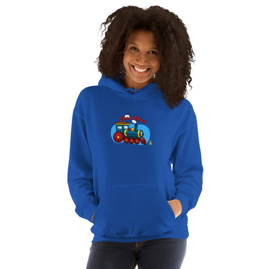 A woman standing wearing a blue hoodie with a printed graphic of a cartoon train and the words 'Choo Choo'. Designed by Wizard Prints
