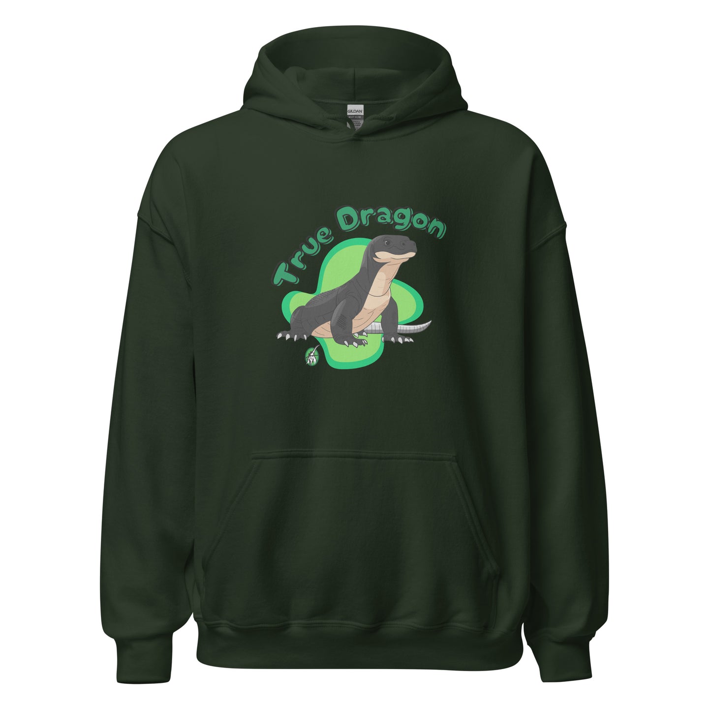 Women's forest green hoodie with a printed graphic of a komodo dragon and the words, True Dragon. Designed by Wizard Prints.