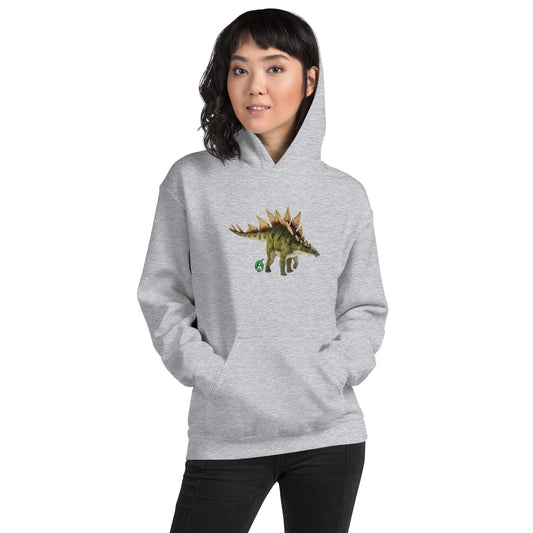 A woman standing wearing a grey hoodie with a printed graphic of a life like dinosaur, designed by Wizard Prints