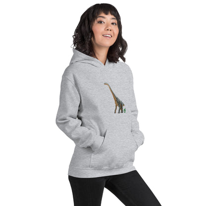 A woman standing wearing a grey hoodie with a printed graphic of a life like dinosaur, designed by Wizard Prints