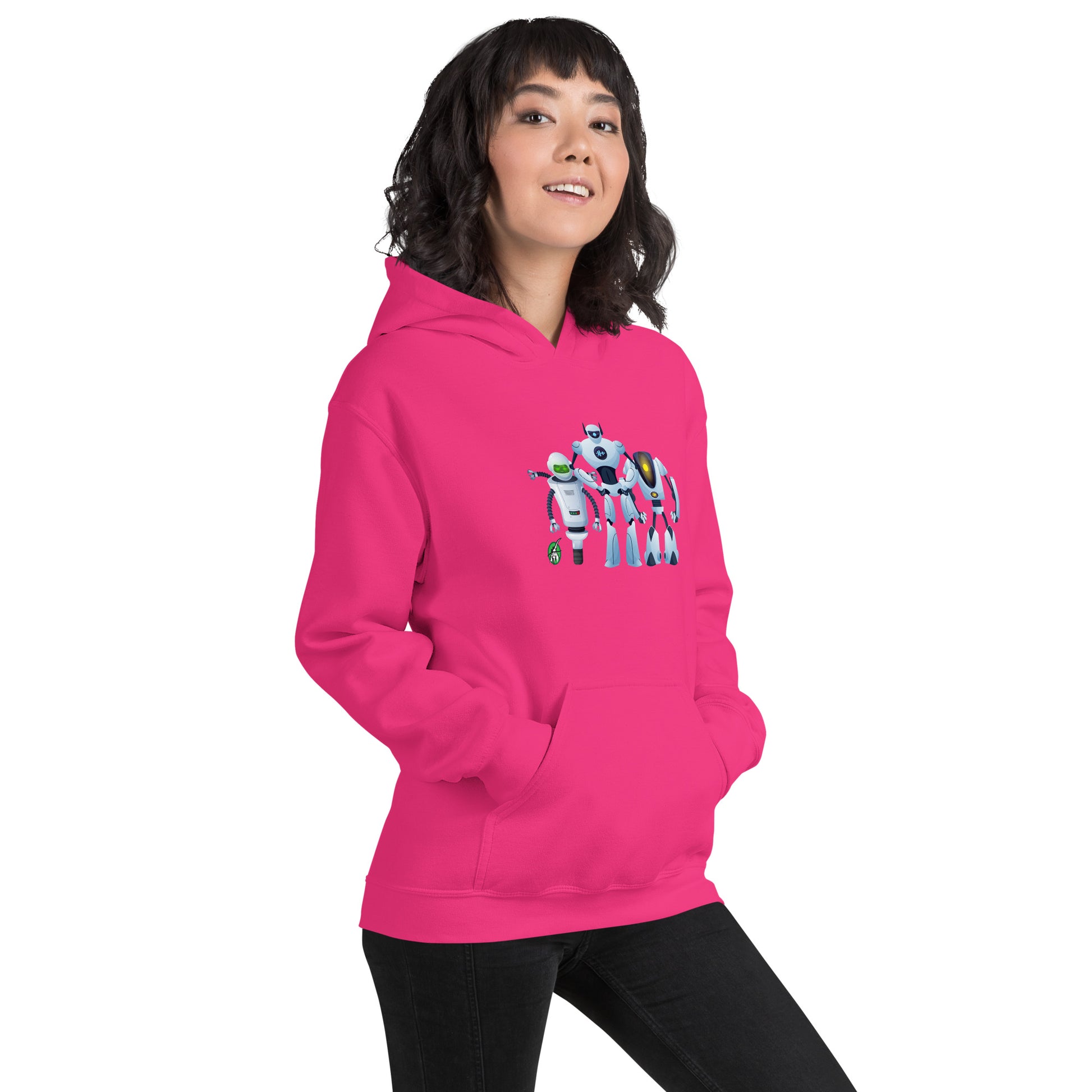 A woman standing wearing a heliconia hoodie with a printed graphic of three cartoon robots, designed by Wizard Prints