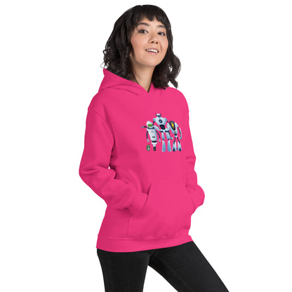 A woman standing wearing a heliconia hoodie with a printed graphic of three cartoon robots, designed by Wizard Prints