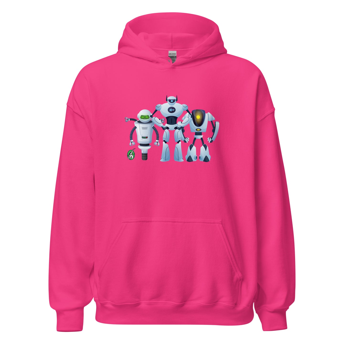 Women's heliconia hoodie with a printed graphic of three cartoon robots, designed by Wizard Prints