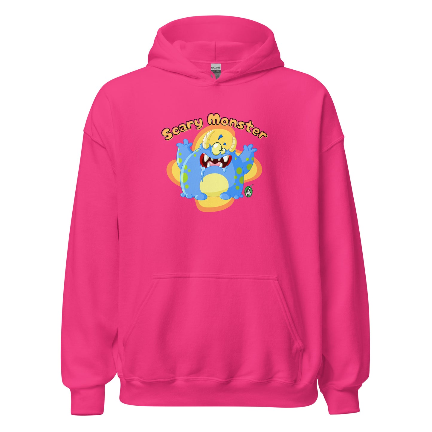 Women's heliconia pink hoodie with a printed graphic of a cartoon monster and the words, Scary Monster. Designed by Wizard Prints.