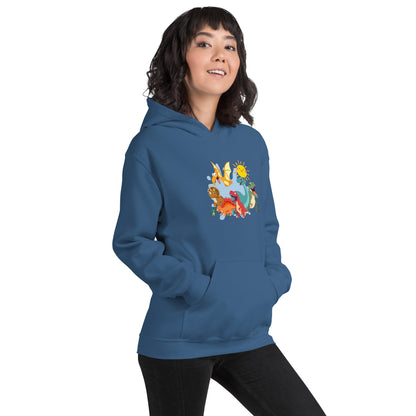 A woman standing wearing an indigo hoodie with a printed graphic of different colorful dinosaur types and the sun. Designed by Wizard Prints.